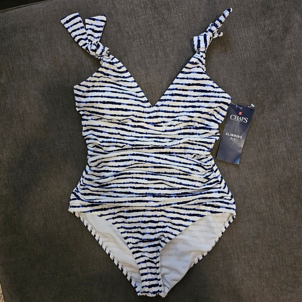 Chaps size 10 navy blue slimming shoulder tie one-piece swimsuit